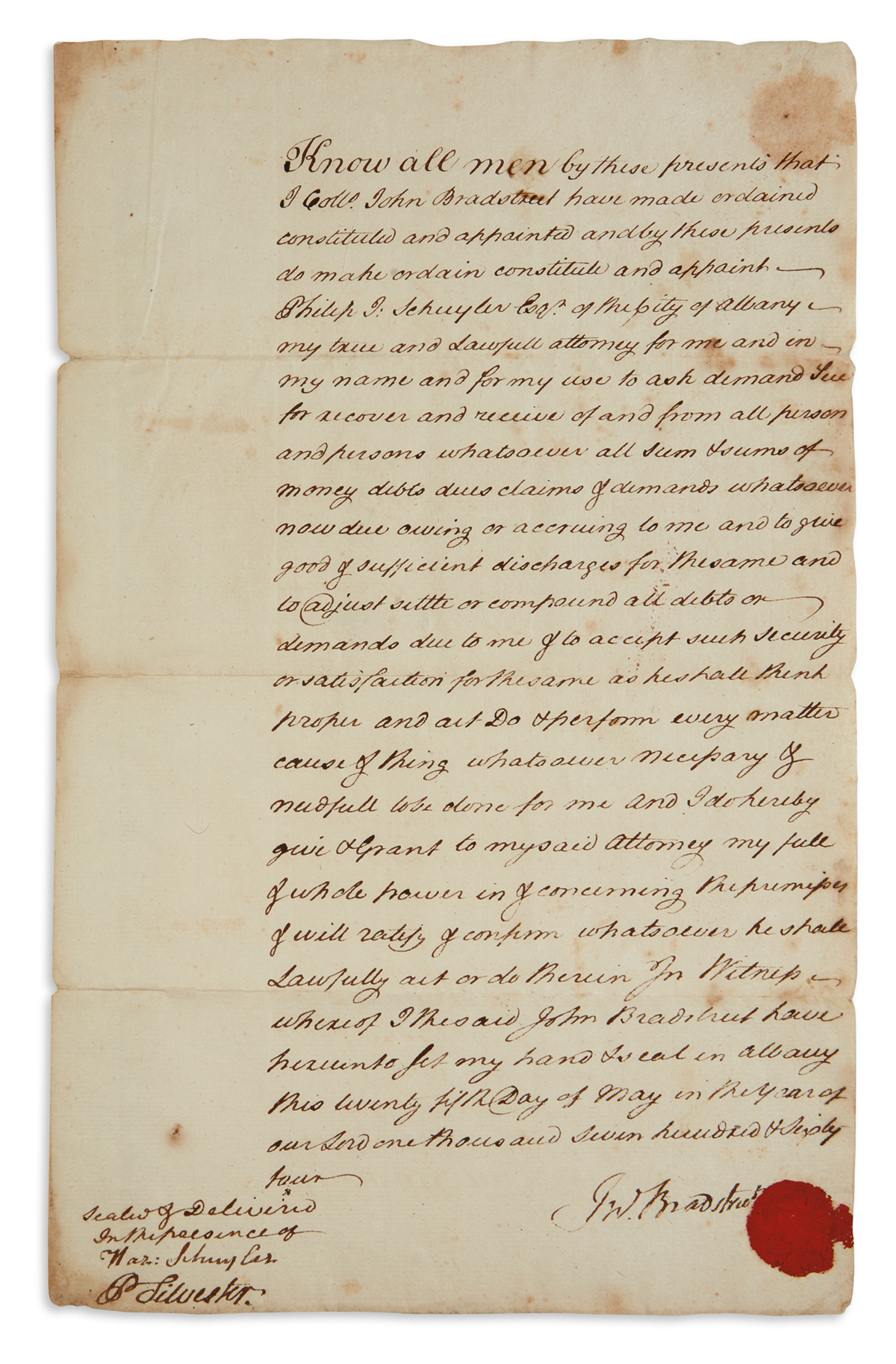 JOHN BRADSTREET. Document Signed, JnoBradstreet, granting power of attorney to Philip John Schuyler for the pu...